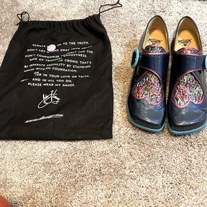 Navy blue with multicolored heart and pink piping new John Fluevog size 8.5